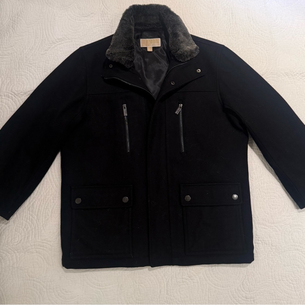 Micheal Kors Men's Black Jacket with Faux Fur Collar